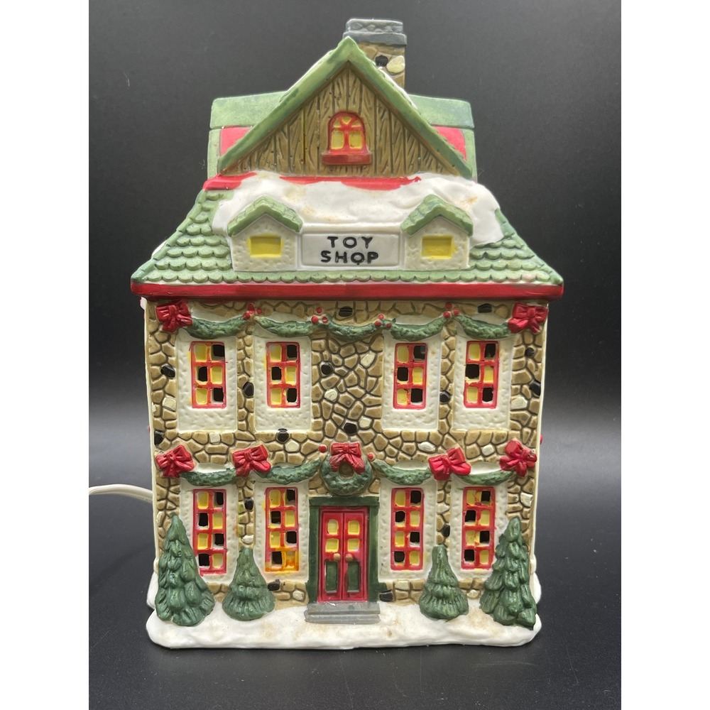 Vintage Ceramic Christmas Village Toy Shop Light Up Holiday Building Stone House